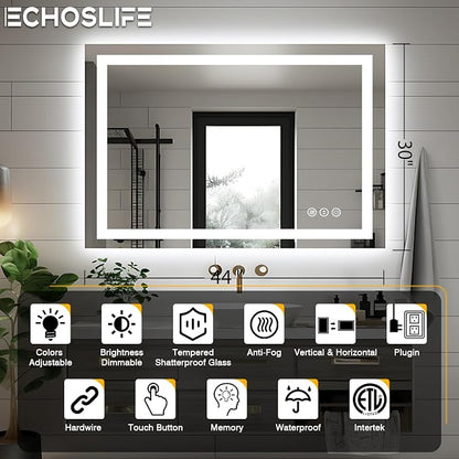 EchosLife 44"x30" Bathroom Light up Mirror, Double Bright Lights, Anti-Fog Vanity Mirror with Lights, Stepless Dimmable Illuminated Mirror, Touch Control, Waterproof (Horizontal/Vertical)
