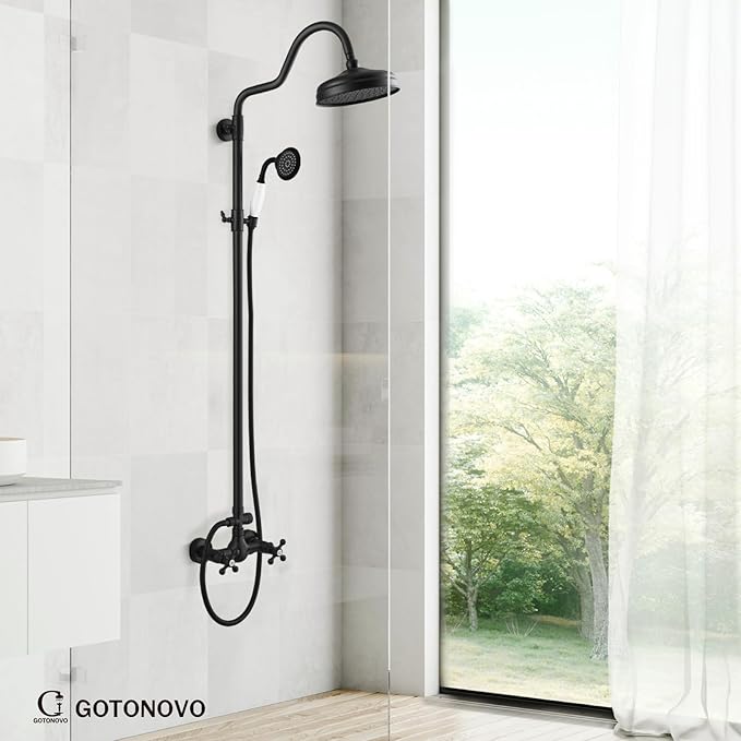 gotonovo Luxury Exposed Shower Faucet Set Bathroom Shower System 8 Inch Wall Mount Rainfall Shower Head with Handheld Spray Cross Double Handle Shower Fixture Adjustable Arc Rod Matte Black