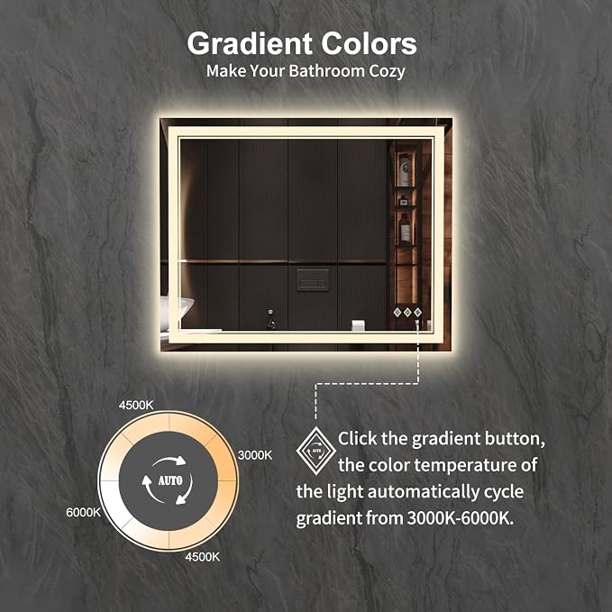 LED Bathroom Mirror, 40x32 Inch Gradient Front and Backlight Bathroom Vanity Mirror, 3 Colors Dimmable CRI>90 Double Lights, IP54 Enhanced Anti-Fog, Hanging Plates Wall Mount LED Mirror