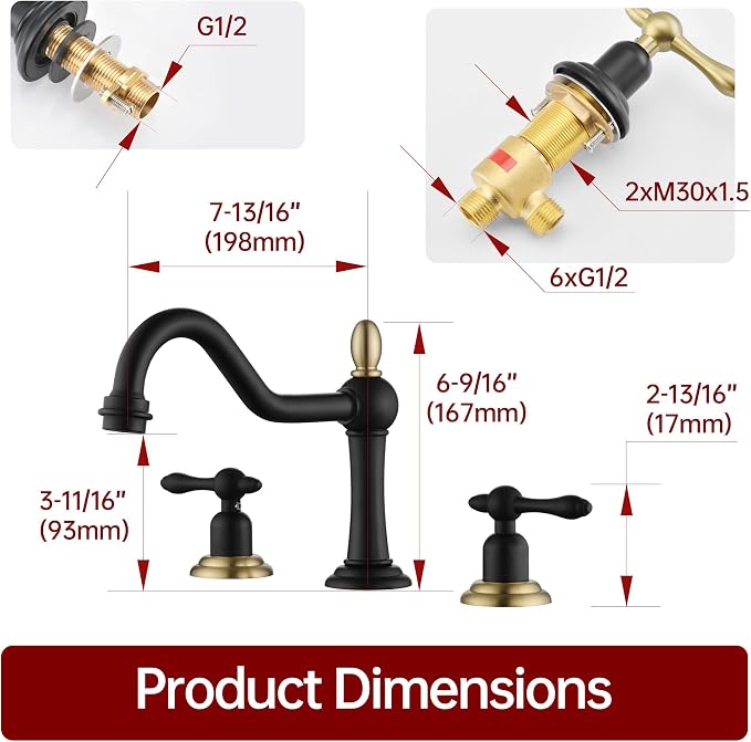 SUMERAIN Matte Black 8 Inch Widespread Bathroom Sink Faucet 3 Hole | Vintage Style, 3 Holes, 2 Handle, 360°Swivel Spout