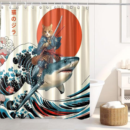 Funny Japanese Cat Shower Curtain, Cat Riding Shark Japan Anime Ocean Wave Waterproof Shower Curtain with Hooks, Funky Animal Sun Fabric Shower Curtains Kids Bathroom Decor 72X72inches