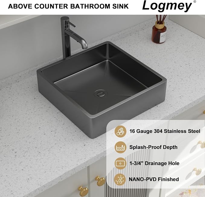 Logmey 15“ Black Shallow Bathroom Vessel Sink 15x15 Square Handmade 16 Gauge Stainless Steel Above Counter 4 Inch Deep RV Bathroom Sink Sinks with Pop up Drain Set