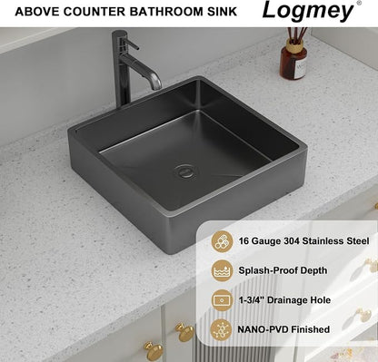 Logmey 15“ Black Shallow Bathroom Vessel Sink 15x15 Square Handmade 16 Gauge Stainless Steel Above Counter 4 Inch Deep RV Bathroom Sink Sinks with Pop up Drain Set