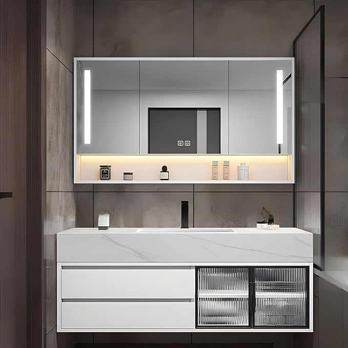 44" Floating Bathroom Vanity,Bathroom Vanity with Sink Set Includes Open LED Smart Defog Mirror Cabinet, Modern Bath Vanity with Drawers,Wall-Mounted Bathroom Vanities,White