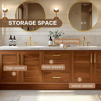 Bathroom Vanity - Retro Bathroom Vanity with Double Sinks Includes Round Mirror & Wood Grain Cabinets|Retro Log Style,Exquisite Handle,LED Smart Defogging Mirror(68IN)