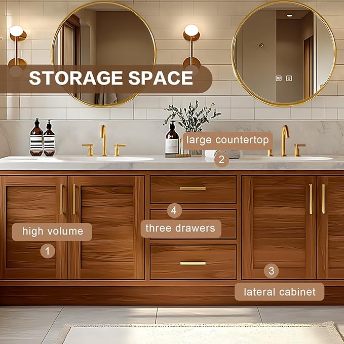 84IN Bathroom Vanity - Retro Bathroom Vanity with Double Sinks Includes Round Mirror & Wood Grain Cabinets|Retro Log Style,Exquisite Handle,LED Smart Defogging Mirror