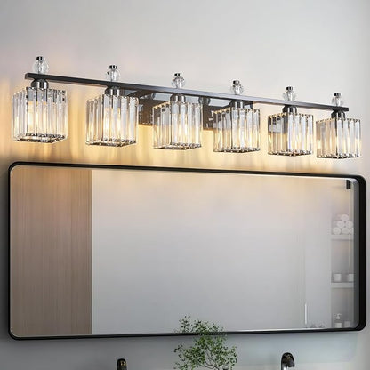 Vanity Lights 6-Light Modern Crystal Vanity Light Plating Black Bathroom Light Fixtures Over Mirror Crystal Bathroom Vanity Lighting Fixtures