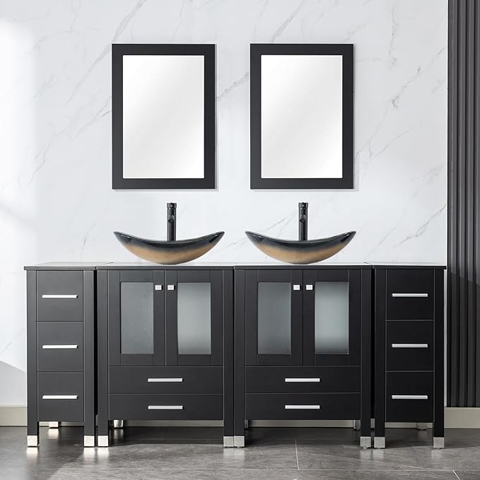 LUCKWIND 72" Double 24-in Bathroom Vanity with Sink Combo, Elegant Series with Two 12.6-in Side Cabinets, Painted Frame, Including Champagne Boat Sinks, Faucets Without Mirrors, Black