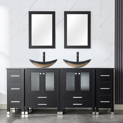 LUCKWIND 72" Double 24-in Bathroom Vanity with Sink Combo, Elegant Series with Two 12.6-in Side Cabinets, Painted Frame, Including Champagne Boat Sinks, Faucets Without Mirrors, Black