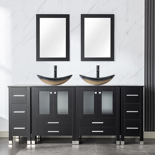 LUCKWIND 72" Double 24-in Bathroom Vanity with Sink Combo, Elegant Series with Two 12.6-in Side Cabinets, Painted Frame, Including Champagne Boat Sinks, Faucets Without Mirrors, Black