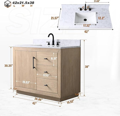 Vanity Art 42" Bathroom Vanity with Sink, Vanity Cabinet with Doors and Shelf, Modern Wood Bathroom Vanity with White Marble Top, Solid Wood Frame, 2 Right Functioning Shaker Drawer,VA70-42-LW-E