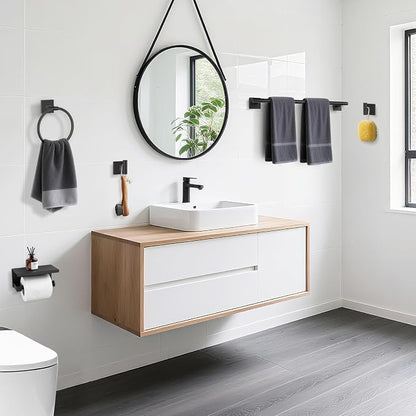 TURS 5-Pieces Matte Black Bathroom Hardware Set 23.6 Inch SUS304 Stainless Steel Towel Bar Set Wall Mounted Square Toilet Paper Holder with Shelf