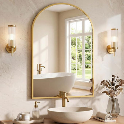 NEWBULIG 26"X38" Arched Bathroom Mirror for Over Sink, Wall Vanity Mirror | Tempered Glass, Anti-Rust Arched Metal Framed, Hanging or Leaning, Farmhouse Home Decor, Gold