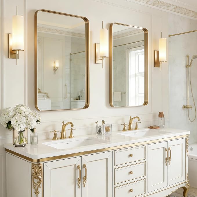 Gold Bathroom Mirrors for Over Sink 24"x36" 2 Pack | Brushed Champagne Brass Gold Vanity Mirror for Wall, Aluminum Frame, Anti-Rust, Tempered Glass