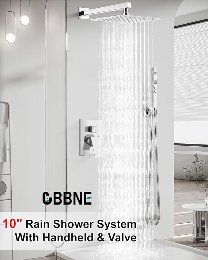Shower Faucet Set Rainfall Shower System with Square Showerhead and Handle Set Fixture with 2 in 1 Function Handheld Sprayer Wall Mounted Trim Repair Kit Rough-in Valve 10 Inch Polish Chrome
