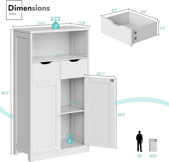 Vongrasig Bathroom Storage Cabinet, 42.5" H Freestanding Floor Cabinet | Wooden Modern Cabinet with 2 Drawers, Open Shelf and Adjustable Shelf for Bathroom, Laundry Room and Entryway, White