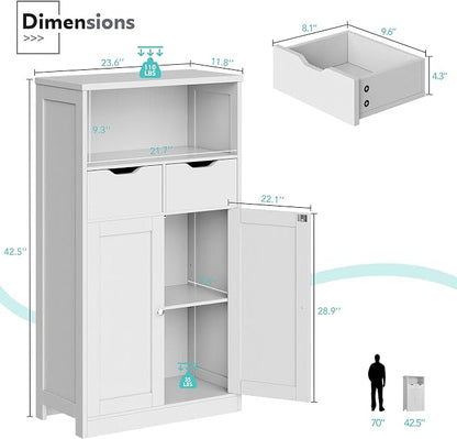 Vongrasig Bathroom Storage Cabinet, 42.5" H Freestanding Floor Cabinet | Wooden Modern Cabinet with 2 Drawers, Open Shelf and Adjustable Shelf for Bathroom, Laundry Room and Entryway, White