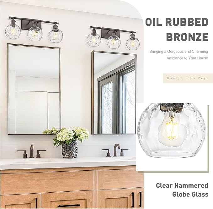 zeyu Farmhouse 3 Light Vanity Lighting, 21.4'' Bathroom Mirror Wall Light, Oil Rubbed Bronze Finish with Clear Hammered Globe Glass, ZJF63BG-3W ORB-WG