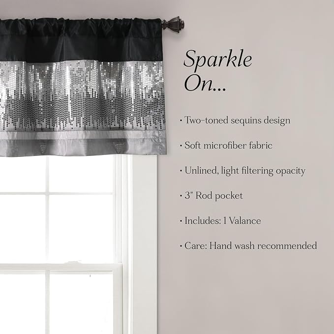 Lush Decor Night Sky Sequins Valance Curtain Single, 52"W x 18"L Black & Gray - Kitchen Curtains Valances For Windows - Bathroom Curtains Window