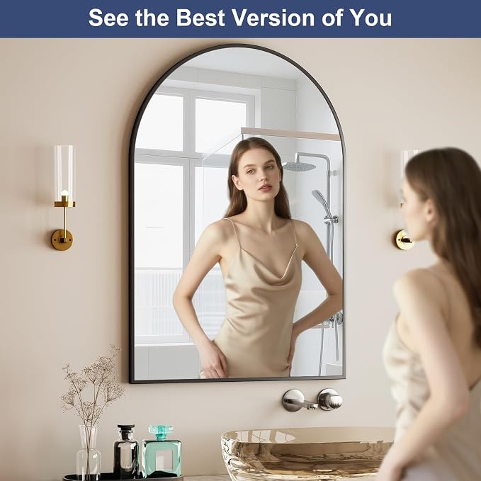 HARRITPURE Arched Bathroom Mirror 30"x48" Black Large Wall Mounted Mirror | Vanity Aluminum Alloy Frame Arch Wall Mirror for Living Room, Bedroom, Entryway
