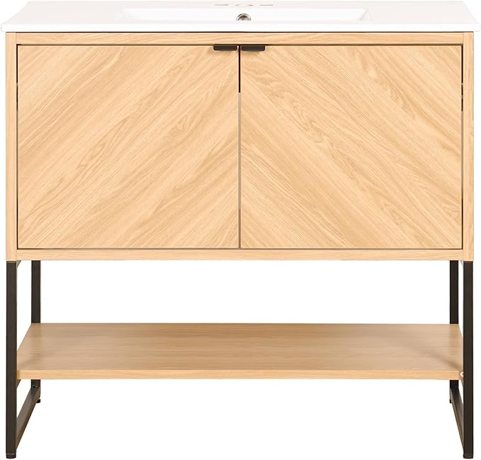 JONATHAN Y VAN1015A Juhl 35 in. W x 18 in. D x 33 in. H Chevron-Front Modern Minimalist 2-Shelf Bathroom Vanity Cabinet Only with Soft Closing Doors (Sink Basin Not Included), Oak