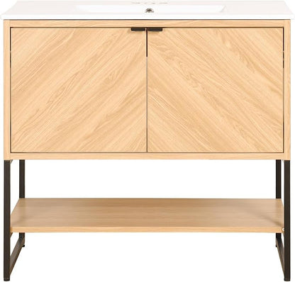 JONATHAN Y VAN1015A Juhl 35 in. W x 18 in. D x 33 in. H Chevron-Front Modern Minimalist 2-Shelf Bathroom Vanity Cabinet Only with Soft Closing Doors (Sink Basin Not Included), Oak