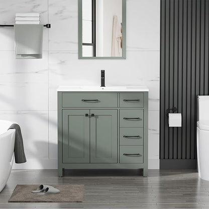 LUCKWIND 36" Bathroom Vanity with Sink Combo, Painted Modern Bathroom Storage Cabinet with Ceramic Sink, Two Doors and Three Drawers, Include Faucet, Without Mirror, Green
