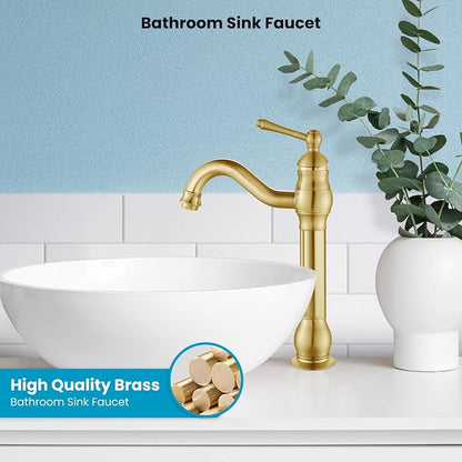 gotonovo Vintage Bathroom Vessel Sink Faucet, Brushed Gold, with Drain | Tall Bathroom Faucet 1 Hole Single Handle, 360° Swivel Spout, cUPC Water Lines, Lead-Free, for Farmhouse Vanity Washbasin RV