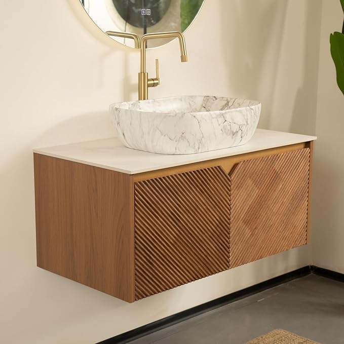 Floating Bathroom Vanity with Sink, 30 Inch Fluted Vanity with Vessel Sink, Modern Bathroom Vanity Cabinet with 2 Doors, Oval Marble Vessel Ceramic Sink & Sintered Stone Top, Oak
