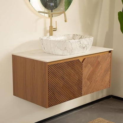 Floating Bathroom Vanity with Sink, 30 Inch Fluted Vanity with Vessel Sink, Modern Bathroom Vanity Cabinet with 2 Doors, Oval Marble Vessel Ceramic Sink & Sintered Stone Top, Oak