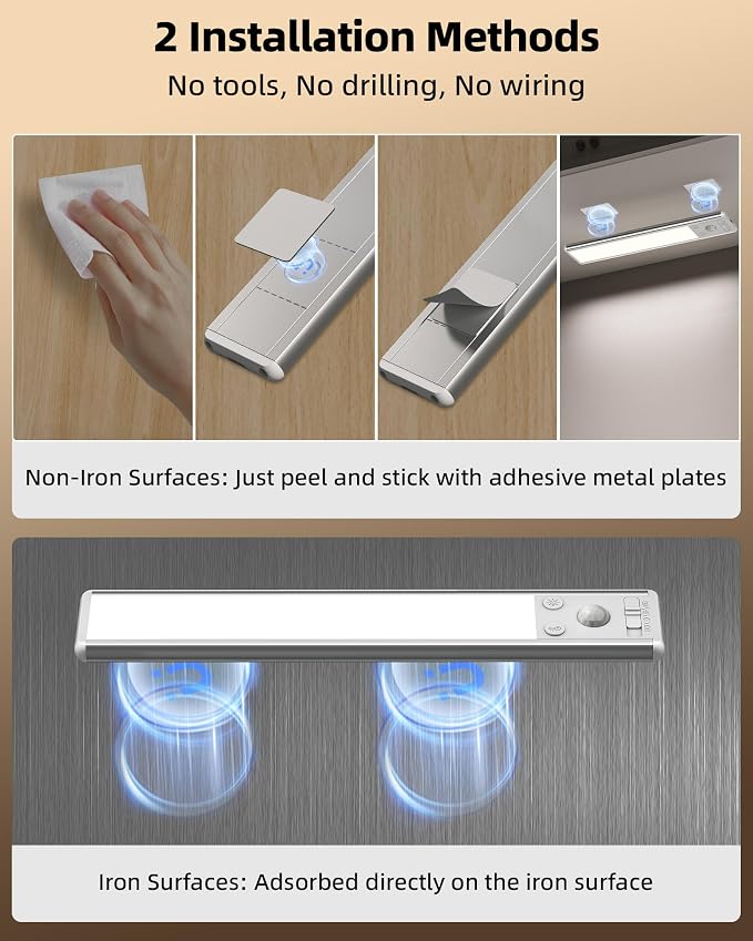 EZVALO 8" Under Cabinet Lighting, 2400mAh Rechargeable Motion Sensor Light Indoor, Mini & Slim Design, 3 Color Temps, Dimmable Magnetic Wireless Closet Lights for Kitchen, Pantry, Stairs (2 Pack)
