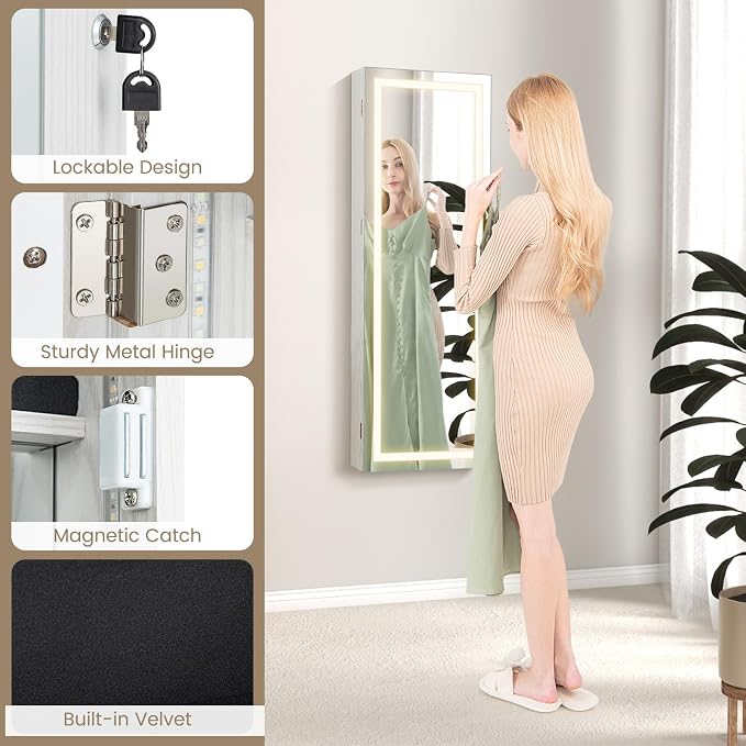 CHARMAID LED Mirror Jewelry Cabinet, Lockable Jewelry Armoire with Adjustable Lighted Full Length Mirror, 3 Lighting Sets, Wall Mounted Door Hanging Jewelry Storage Organizer (Grayish White, 42.5''H)