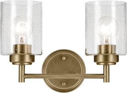 Kichler Winslow 13" 2-Light Vanity Light with Clear Seeded Glass in Natural Brass for Bathroom Vanity, Luxe Industrial, (13" x 9.25"), 45885NBR