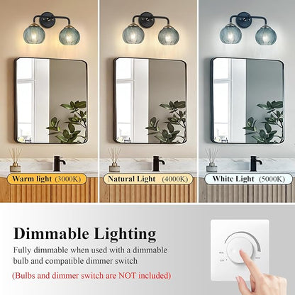 Mecgirn Bathroom Vanity Light Fixtures, 2-Light Green Glass Shade, Modern Black and Gold Wall Sconce, Unique Textured Leaf Pattern, Ceramic E26 Sockets Wall Mounted for Mirror, Cabinet, Hallway