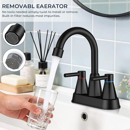 Matte Black Bathroom Sink Faucet, 2-Handle 4-inch Centerset Faucet | Lead-free stainless steel, pop-up drain included, Detachable faucet aerator, 360°swivel spout, for vanity sink 3-hole mount