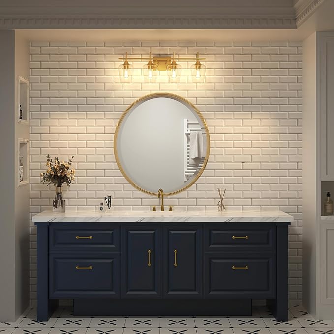 VONLUCE 4 Light Bathroom Vanity Light Fixture,Brushed Gold | Wine Glass Shades, E26 Sockets, Easy to install, Vanity Lights for Bathroom Bedroom Hallway Living Room