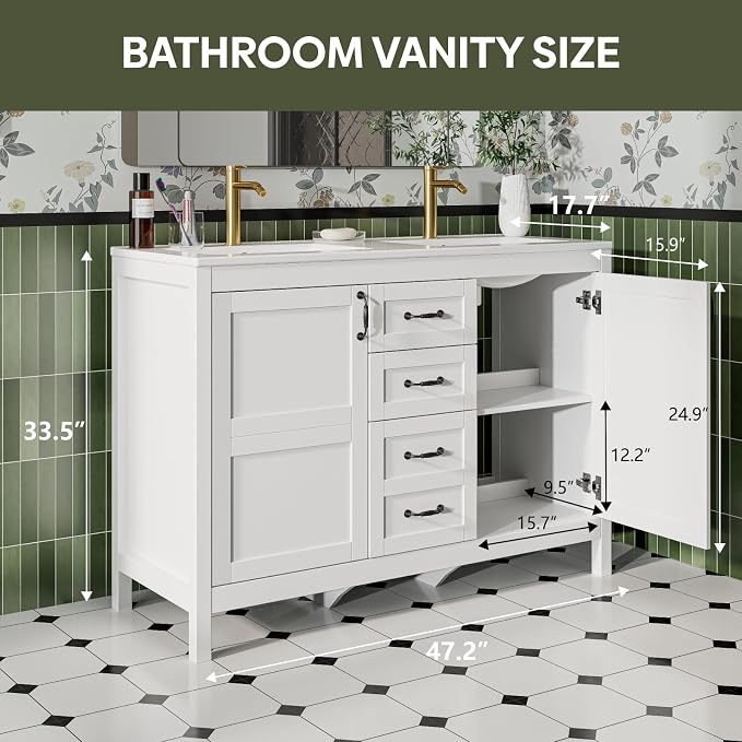 48" Bathroom Vanity with Sink Combo, Freestanding Farmhouse Thickened Wood Bathroom Storage Cabinet with Undermount Double Sink, 3 Drawers & 2 Soft-Close Doors with Organizers, White