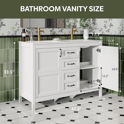 48" Bathroom Vanity with Sink Combo, Freestanding Farmhouse Thickened Wood Bathroom Storage Cabinet with Undermount Double Sink, 3 Drawers & 2 Soft-Close Doors with Organizers, White
