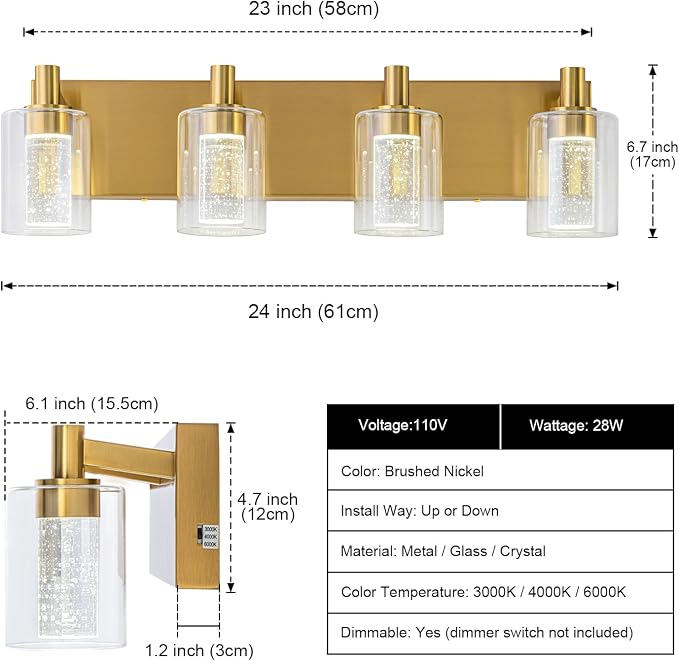 SineRise Vanity Light with 3 Color Modes (3000K/4000K/6000K), Eye Protection LED Bathroom Light Fixture, Dimmable Modern Wall Light Over Mirror with Clear Glass Shade (Gold, 4-Light)
