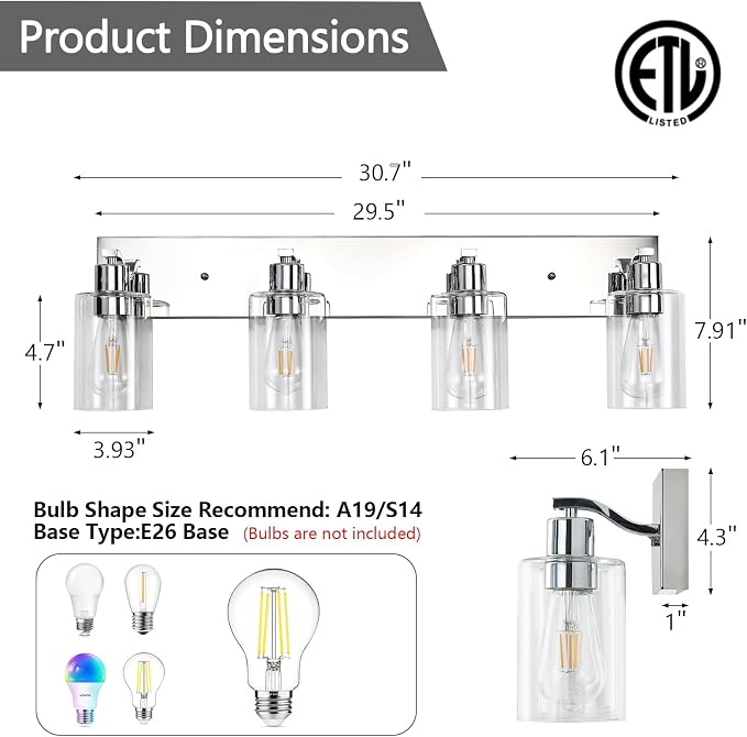 4 Lights Bathroom Light Fixtures Chrome Vanity Light with Clear Glass Shade 30in Modern Bathroom Lighting Fixtures Over Mirror for Bedroom/Living Room
