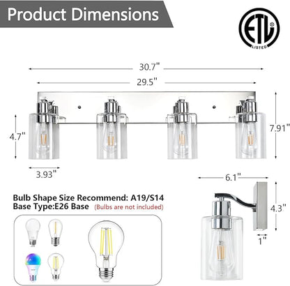4 Lights Bathroom Light Fixtures Chrome Vanity Light with Clear Glass Shade 30in Modern Bathroom Lighting Fixtures Over Mirror for Bedroom/Living Room