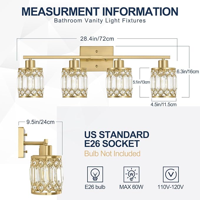 Crystal Modern Bathroom Light Fixtures, 4-Light Brushed Gold Bathroom Vanity Wall Light, Vanity Lights for Mirror, Restroom, Bedroom (E26 Socket, Bulbs Not Included)