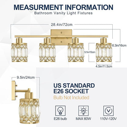 Crystal Modern Bathroom Light Fixtures, 4-Light Brushed Gold Bathroom Vanity Wall Light, Vanity Lights for Mirror, Restroom, Bedroom (E26 Socket, Bulbs Not Included)