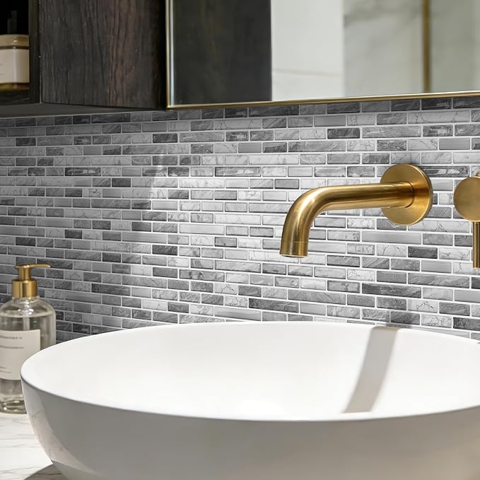 URCOLOR 10-Sheet Kitchen Backsplash Tiles Peel and Stick, 12”×12” Self Adhesive Wall Tile for Bathroom, Brushed Silver Gray