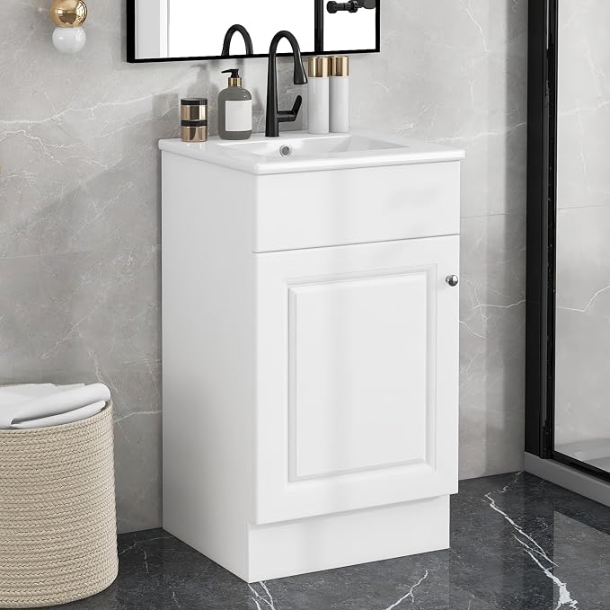Christopher Knight Home Doreen 18" Bathroom Vanity with Ceramic Sink, Bathroom Vanity Cabinet with Door Organizer,Wooden Bathroom Storage Cabinet with Adjustable Shelf,Pedestal Sink with Storage,White