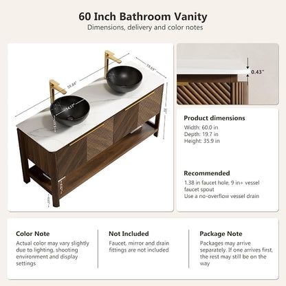 Yayzy 60 Inch Double Sink Bathroom Vanity, Dark Walnut Bathroom Cabinet with Double Black Marble Pattern Vessel Sinks, Carrara White Sintered Stone Countertop, Soft Close Doors, Open Storage Shelf