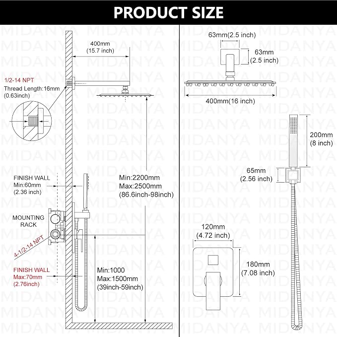 Midanya Shower Faucet Set with Handheld Sprayer,16 Inch,Brushed Nichel | Rough-in Shower Valve and Trim Kit Included,Square Rain Head,Wall Mount Shower System,All Metal,Bathroom