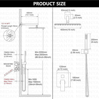 Midanya Shower Faucet Set with Handheld Sprayer,16 Inch,Brushed Nichel | Rough-in Shower Valve and Trim Kit Included,Square Rain Head,Wall Mount Shower System,All Metal,Bathroom