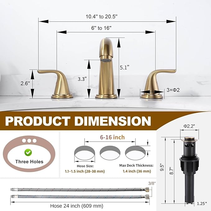 Bathroom Sink Faucet 3 Holes Gold, ALEASHA Widespread Bathroom Faucets, Faucet with Pop Up Drain, Faucets with 304 Stainless Steel Lead-Free Hose