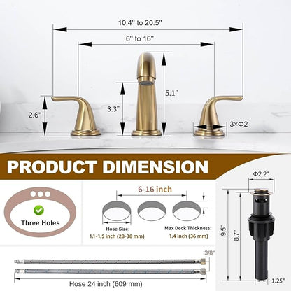 Bathroom Sink Faucet 3 Holes Gold, ALEASHA Widespread Bathroom Faucets, Faucet with Pop Up Drain, Faucets with 304 Stainless Steel Lead-Free Hose